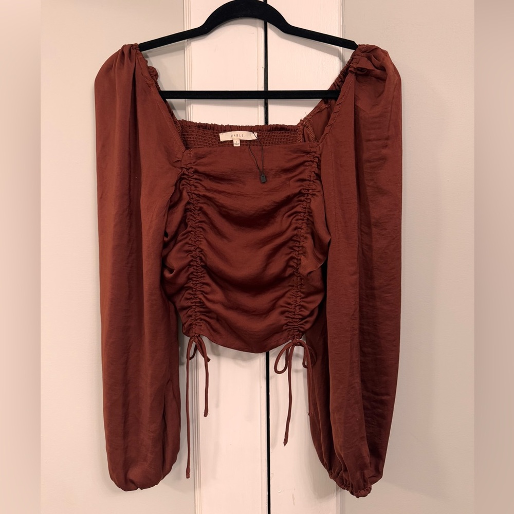 Mable Ruched Tie Rust Balloon Sleeve Crop Top Size Small